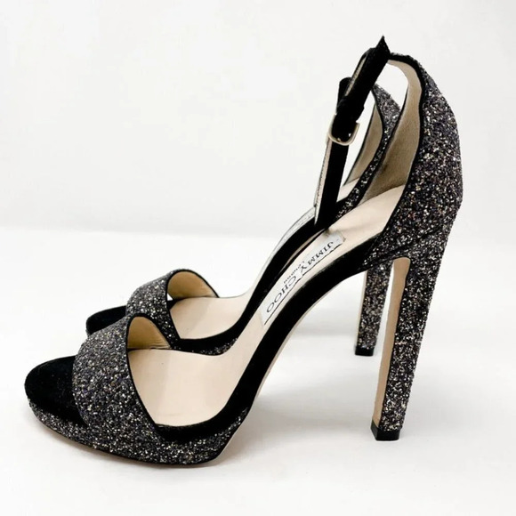Jimmy Choo Leather Misty 120 Twilight Black Suede Glitter Sandals Heels 38.5/8.5 - Picture 4 of 14